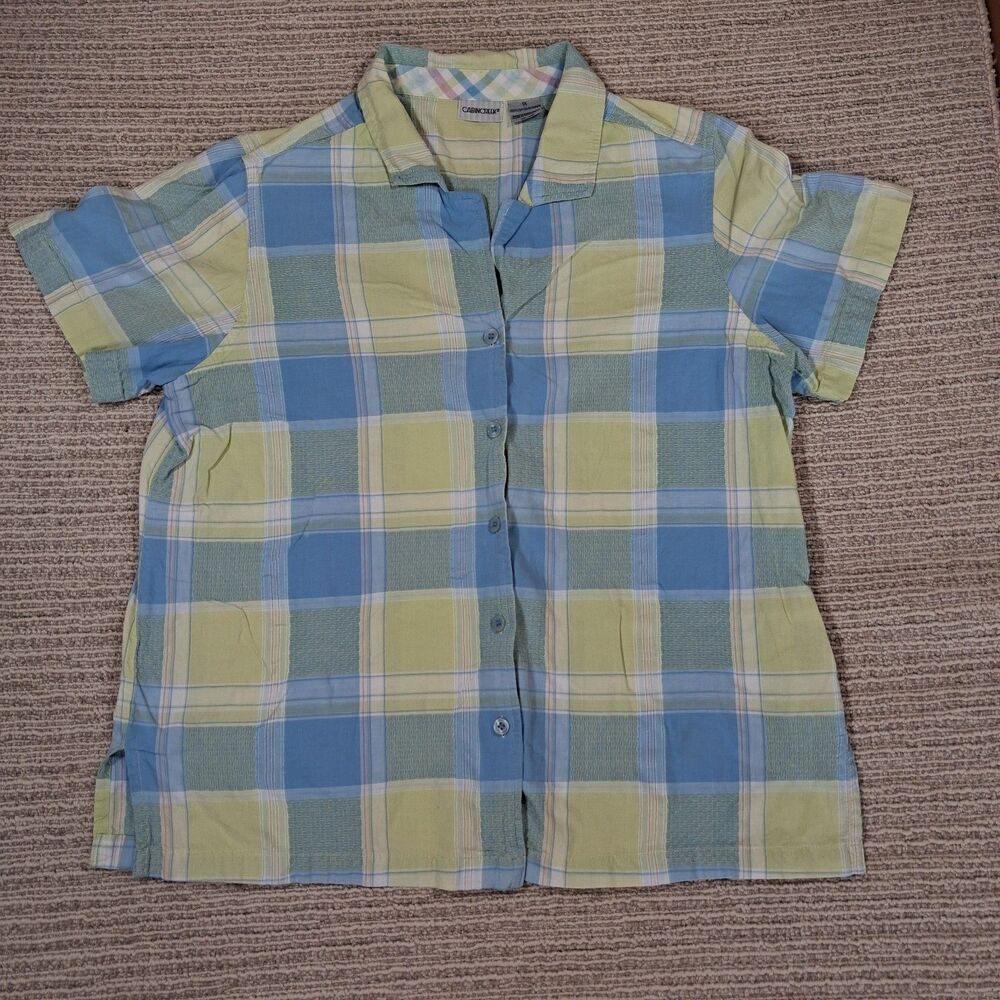 Cabin Creek Women Plaid Shirt Short Sleeve Button Front Cotton 1X Blue Green